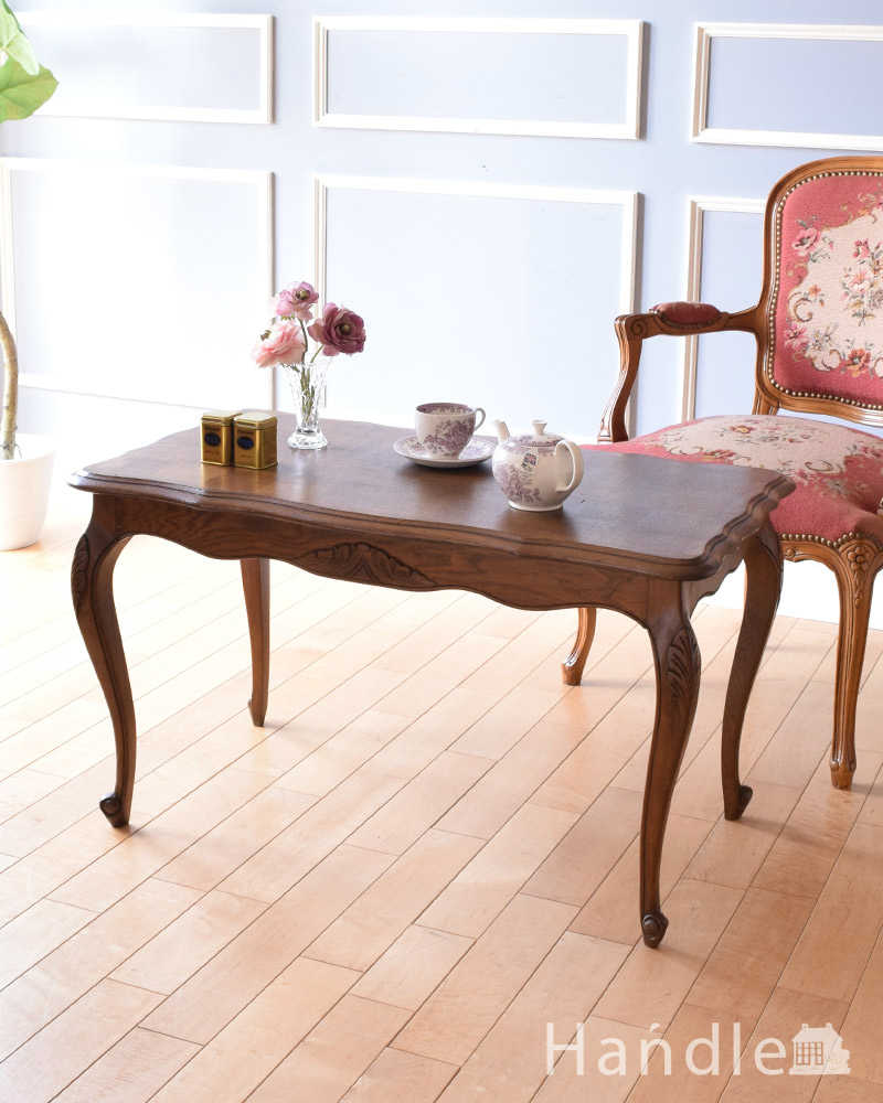 フランスで見つけたアンティークコーヒーテーブル、パーケット柄の天板が素敵な家具 (j-2258-f)