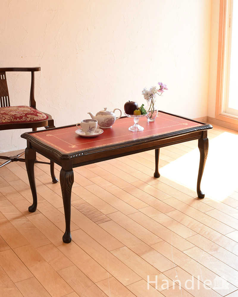 英国のアンティーク家具、天板革張りのコーヒーテーブル（ローテーブル） (j-2319-f)