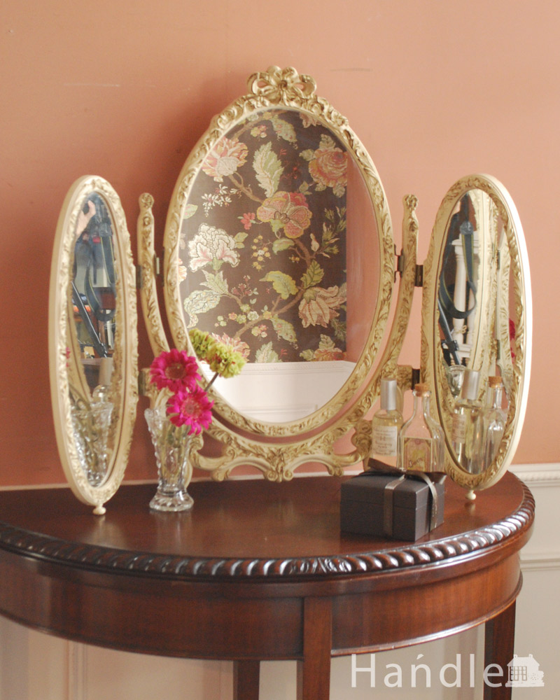 ヴィンテージ フランス リボン、薔薇装飾スタンドミラー・三面鏡-