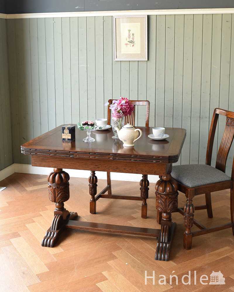 アンティーク英国家具、重厚な脚の装飾が美しいドローリーフテーブル(伸張式テーブル) (q-1509-f)