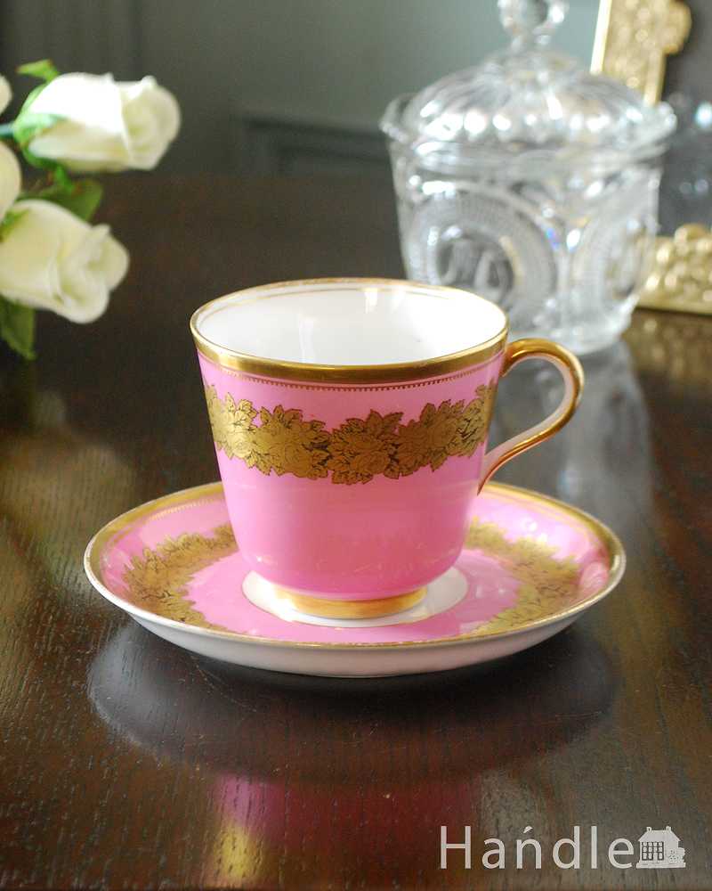 ピンクの下地にゴールドで描かれたお花が美しいアンティークカップ＆ソーサー（ブラウン－ウェストヘッド，ムーア社） (m-2449-z)