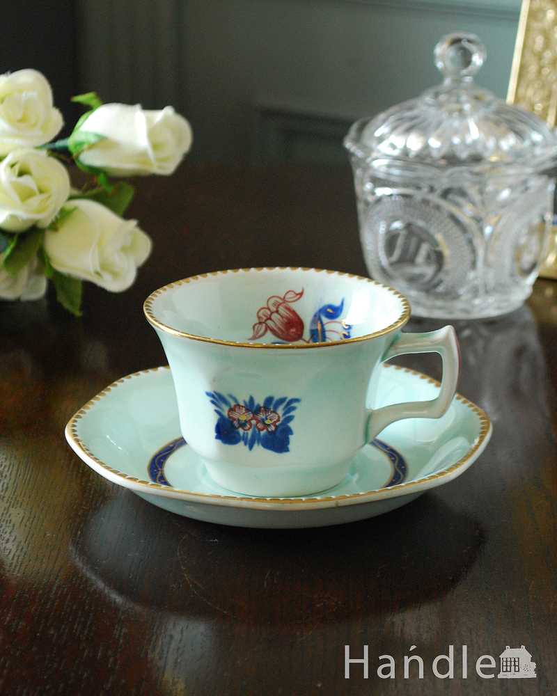 英国のアダムス窯の陶磁器、青磁色のキレイなアンティークのカップ＆ソーサー (m-2460-z)