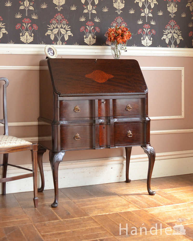 美しいアンティーク英国輸入家具、マホガニー材のビューロー（デスク） (q-1507-f)