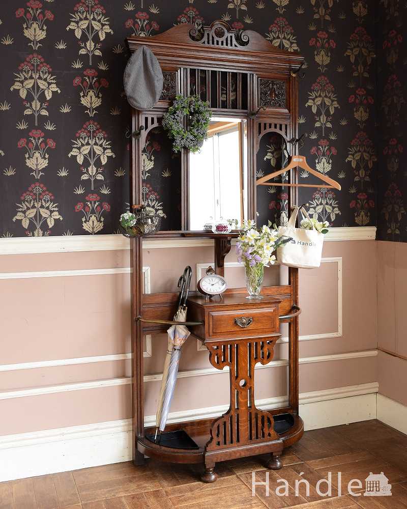 彫刻が美しい機能的な英国アンティーク家具、鏡付きのホールスタンド (q-1525-f)