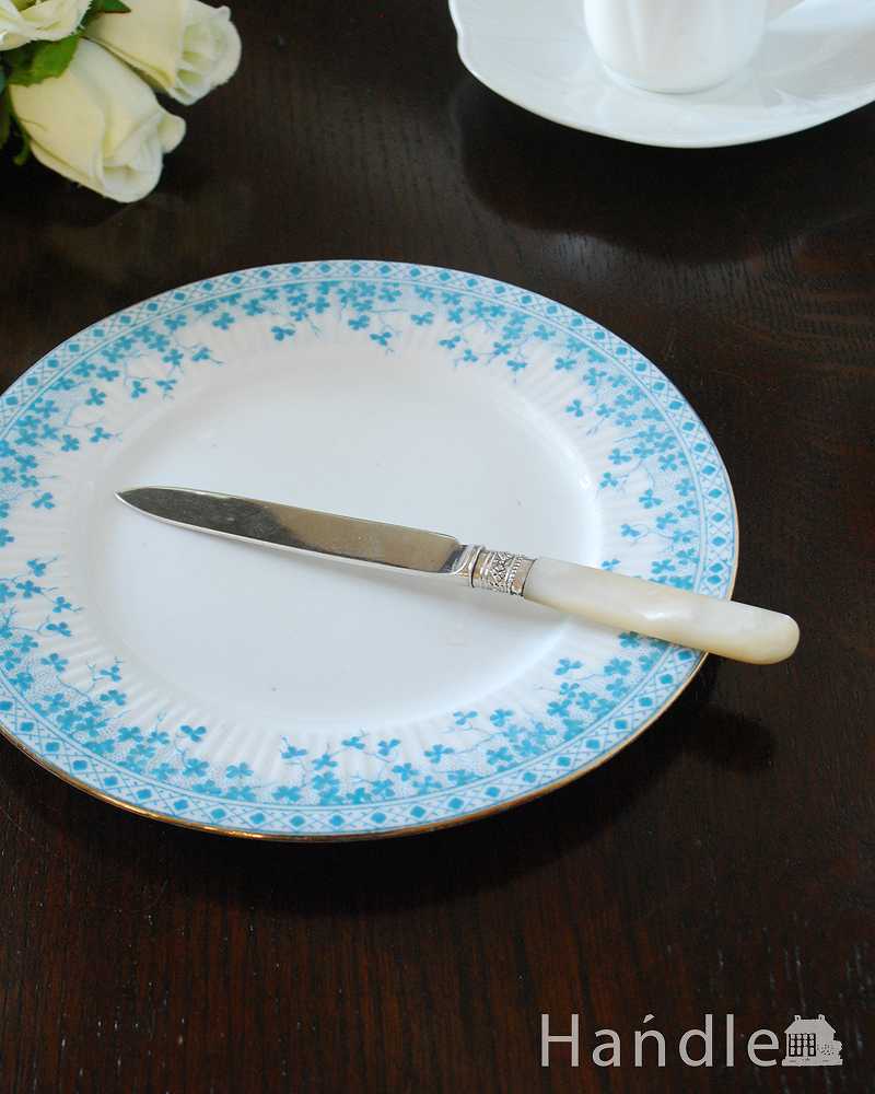 マザーオブパールの持ち手つき、純銀製のアンティークデザートナイフ (m-2491-z)