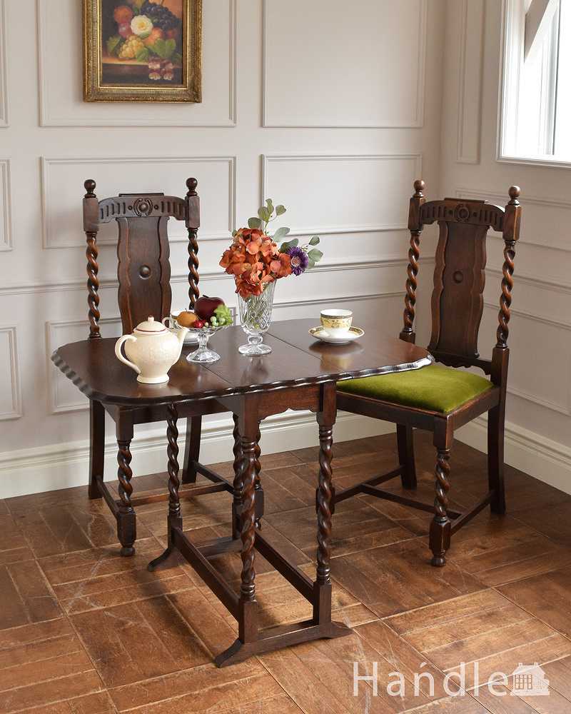 伸張式のアンティーク英国家具、天板の縁どりも美しいドロップリーフテーブル（伸張式テーブル） (q-1538-f)