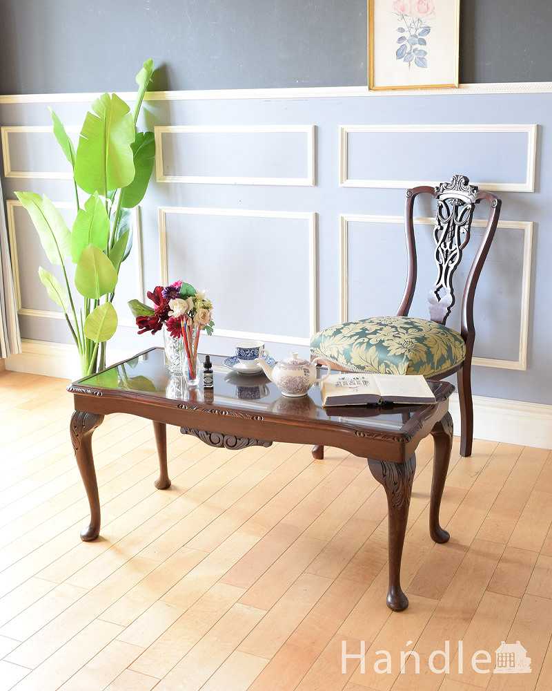 美しい木目のアンティーク家具、ガラストップの優雅なコーヒーテーブル (k-2096-f)