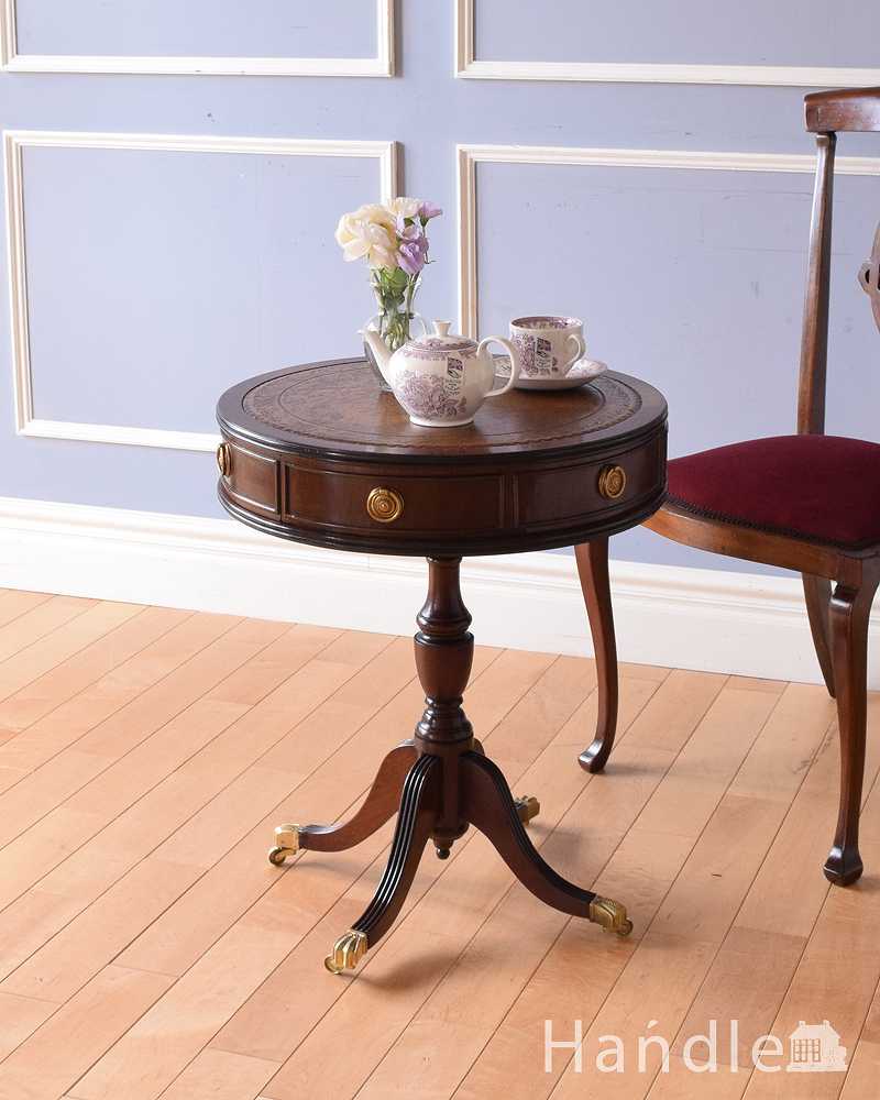 マホガニー材の引き出し付きのドラムテーブル、英国輸入のアンティークの家具 (k-2154-f)