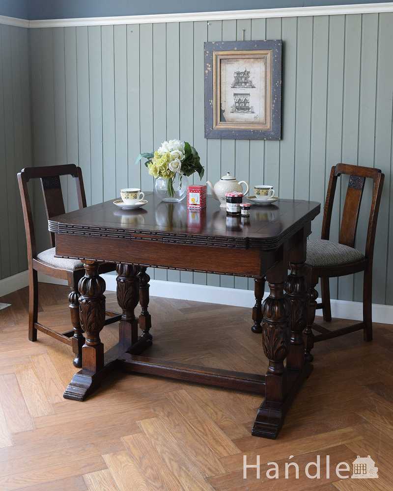 アンティーク英国家具、4本のバルボスレッグが美しいドローリーフテーブル（伸張式テーブル）  (q-1557-f)