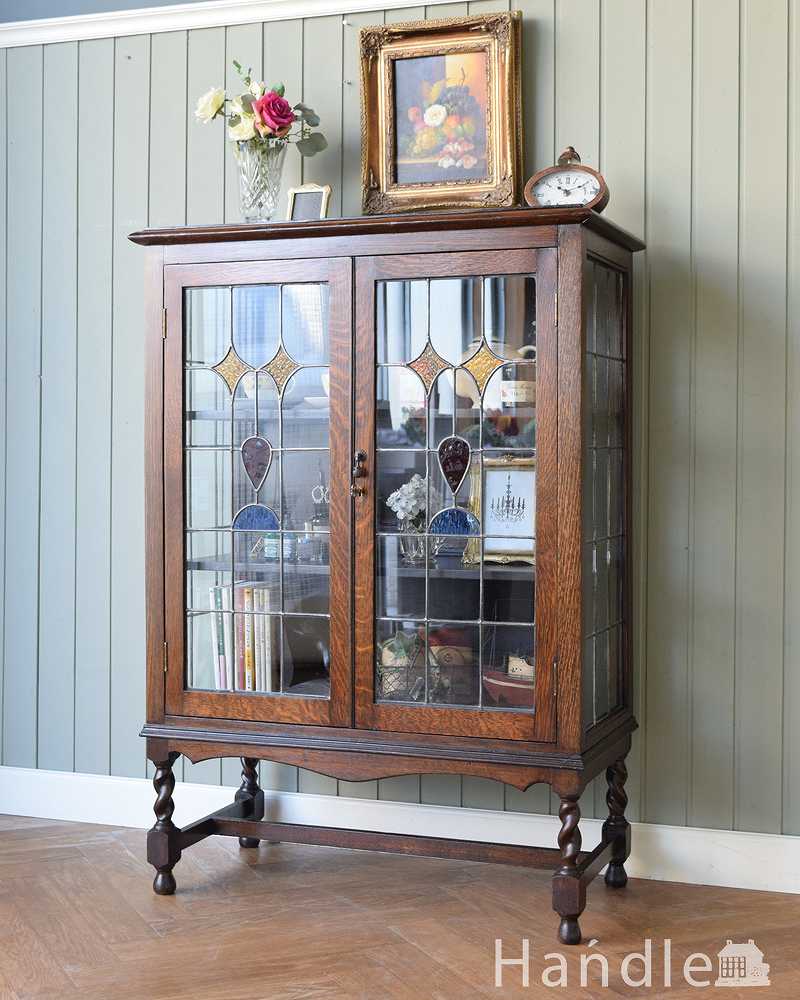 美しいステンドグラスの扉、英国アンティーク家具のブックケース（本棚） (q-1569-f)