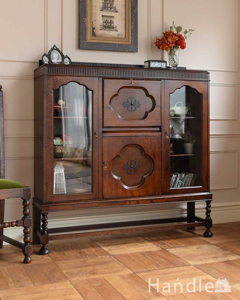 英国アンティークの書斎机、ビューローとガラスキャビネットが付いたオーク材のサイドバイサイド (q-1552-f)