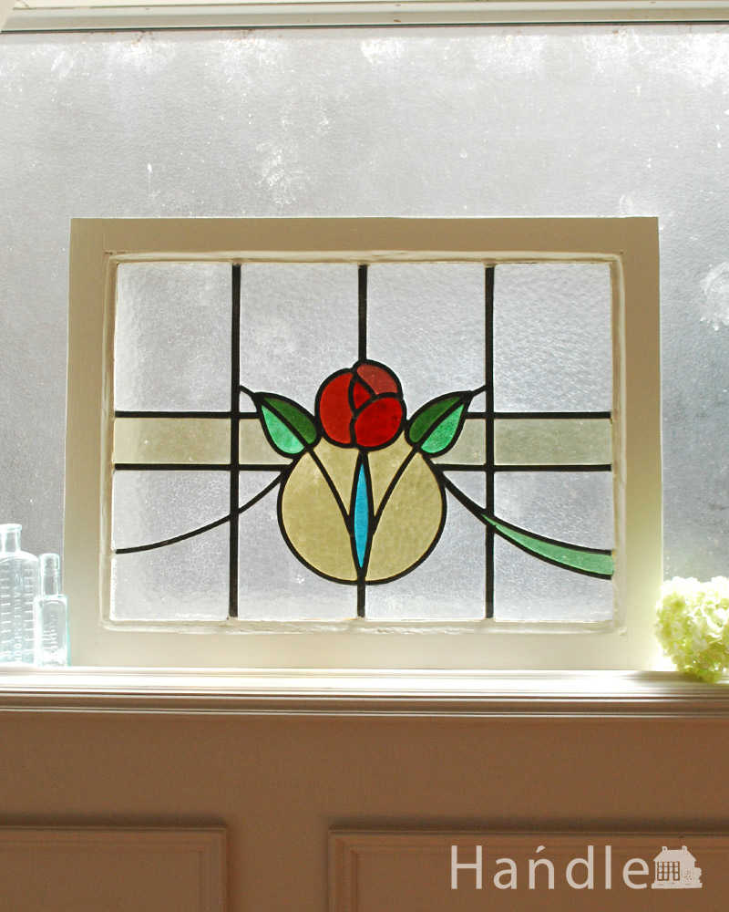 真っ赤な可愛いお花×グリーンリボンのアンティークステンドグラス (g-1135)