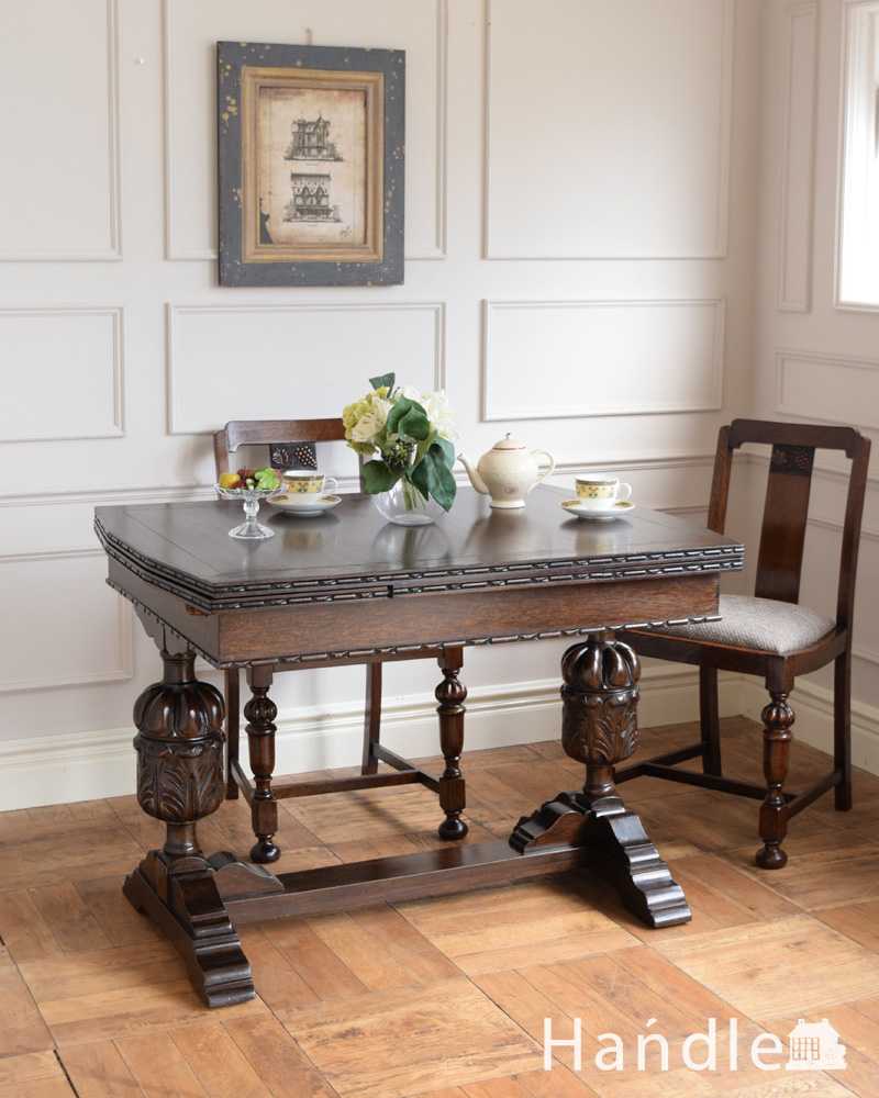 アンティーク英国家具、重厚な脚の装飾が美しいドローリーフテーブル（伸張式テーブル）  (k-1982-f)