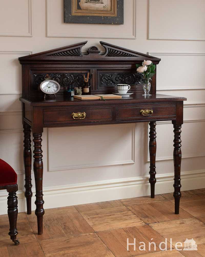 彫刻が美しいアンティーク家具、英国のホールテーブル（引き出し付き） (q-1589-f)