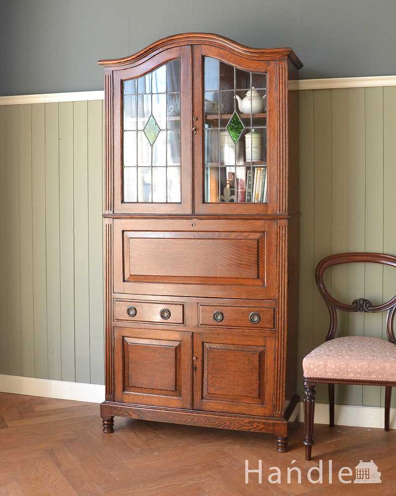 ステンドグラス入りのアンティーク家具、英国で見つけた素敵なブックビューロー（本棚とデスク）(q-1611-f)｜アンティーク家具