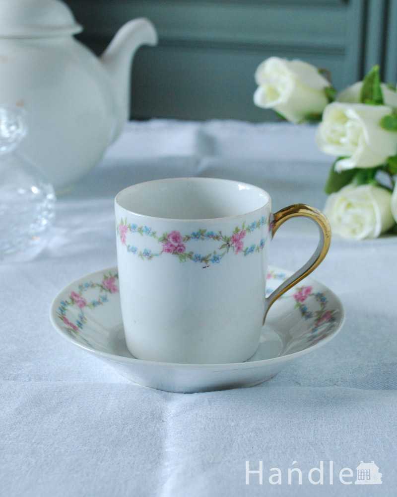 フランスで見つけたお花のガーランドが可愛いリモージュのアンティークカップ＆ソーサー  (h-828-z)