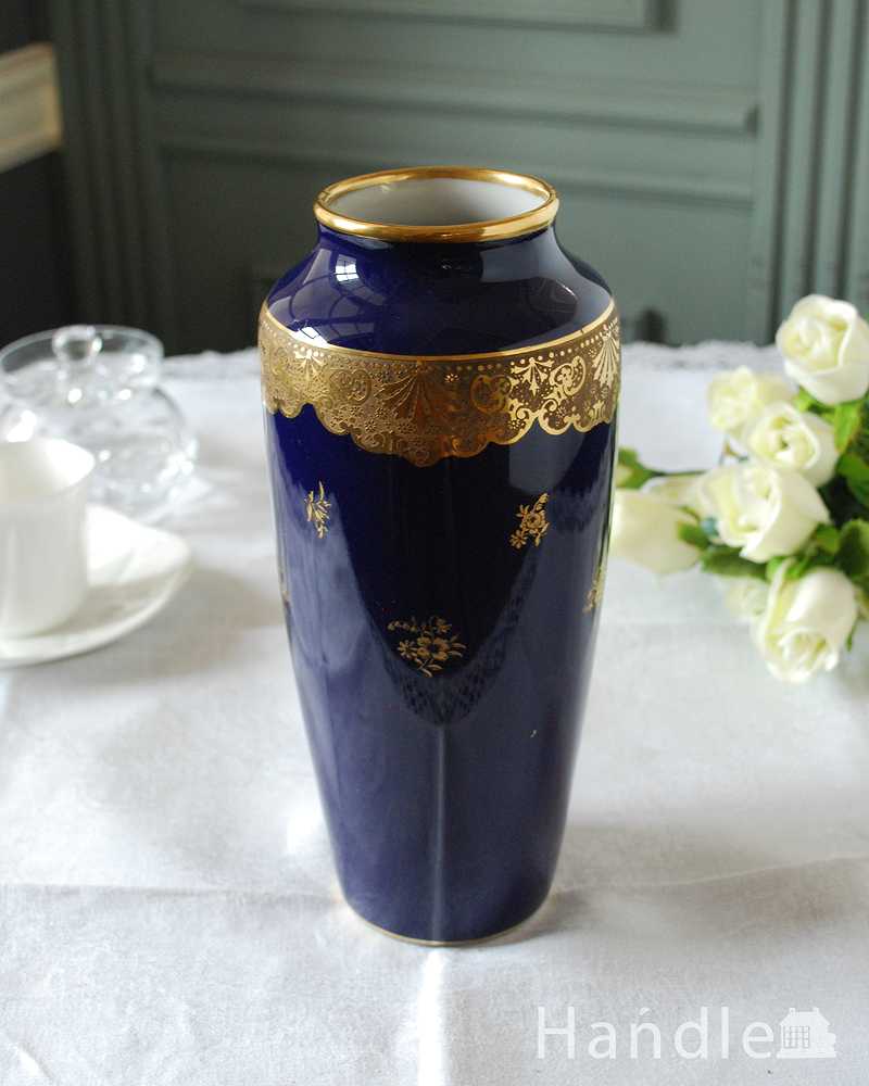 フランスリモージュ（Limoges）コバルトブルーが美しいフラワーベース（花器） (h-805-z)
