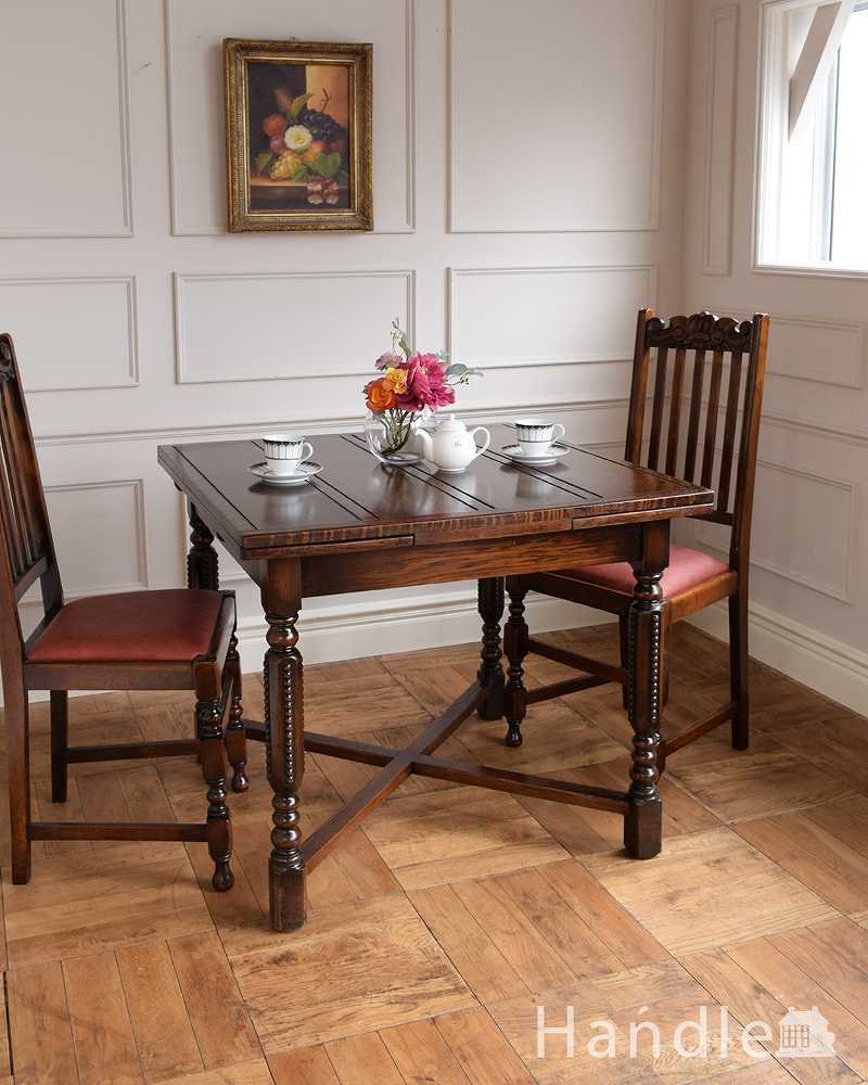 英国のアンティーク家具、脚の装飾がきれいなドローリーフテーブル（伸張式テーブル） (q-1671-f)