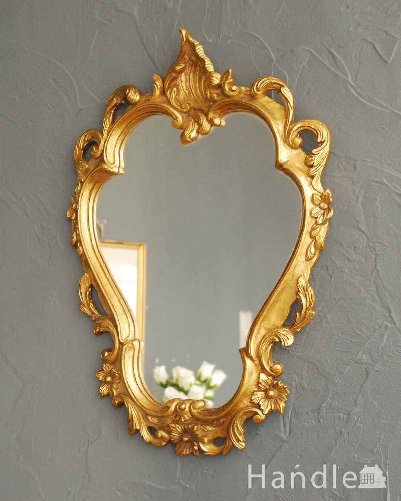 フランスのアンティークモールディングミラー、ゴールドの装飾がエレガントな鏡