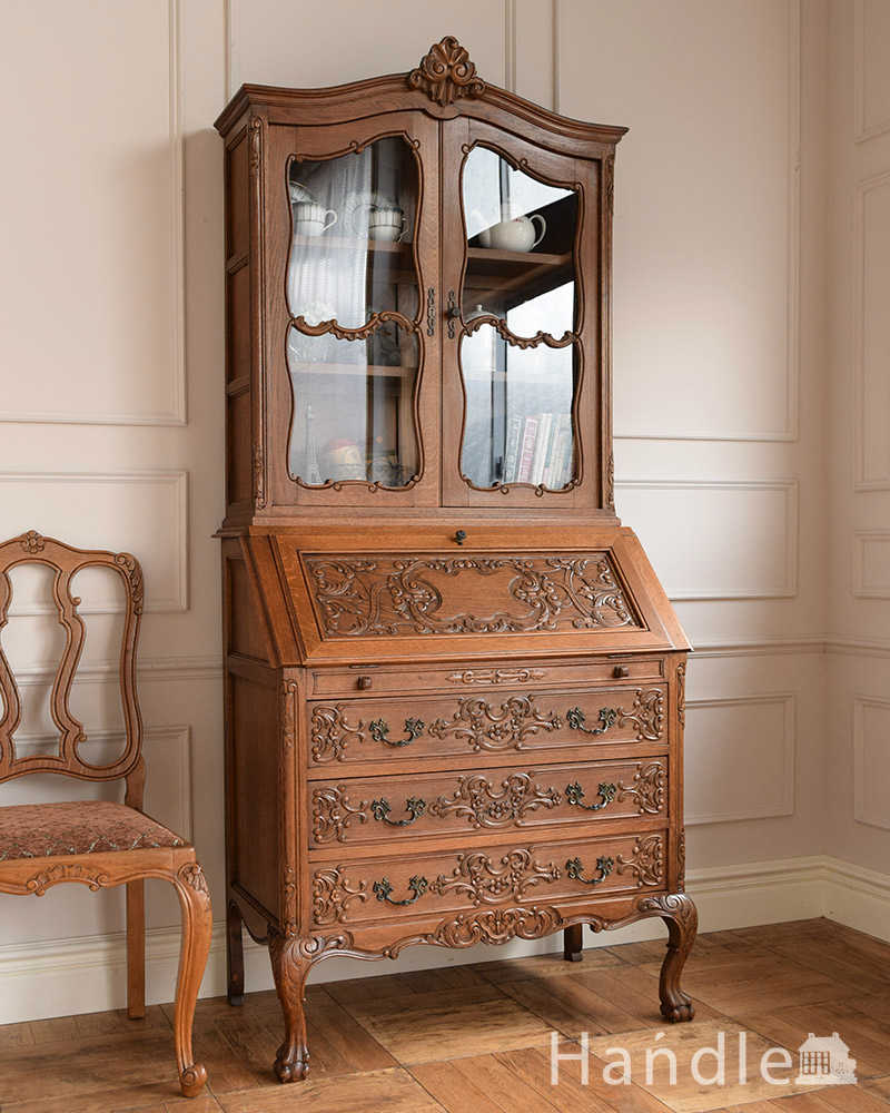 贅沢な彫りが美しいアンティーク南仏家具、オーク材のブックビューロー（本棚とデスク）  (j-2419-f)