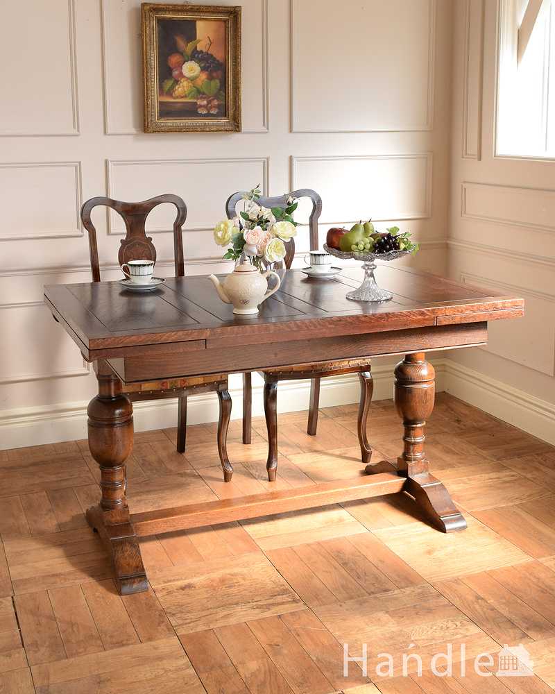 英国らしい重厚な脚の伸長式のテーブル、アンティークのドローリーフテーブル (q-1742-f)