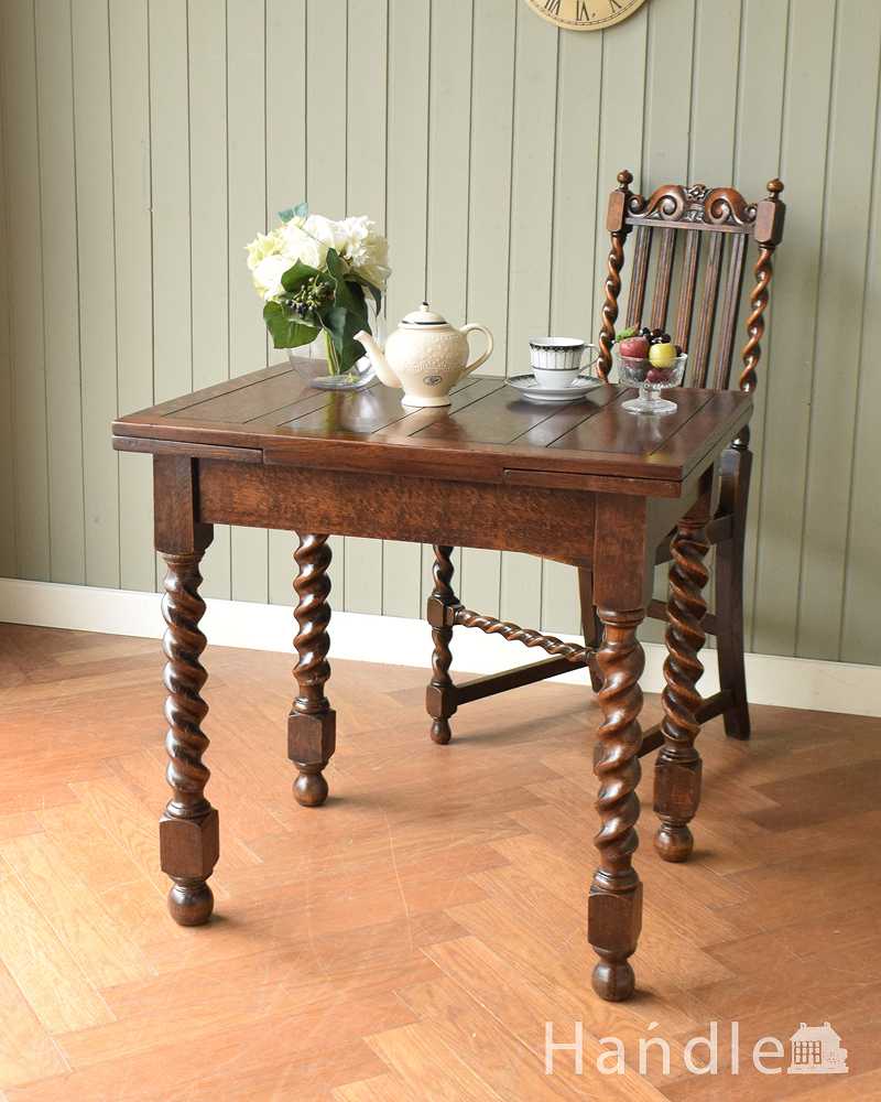 イギリス輸入のお洒落なアンティーク家具、美しいドローリーフテーブル（ダイニングテーブル） (q-1738-f)