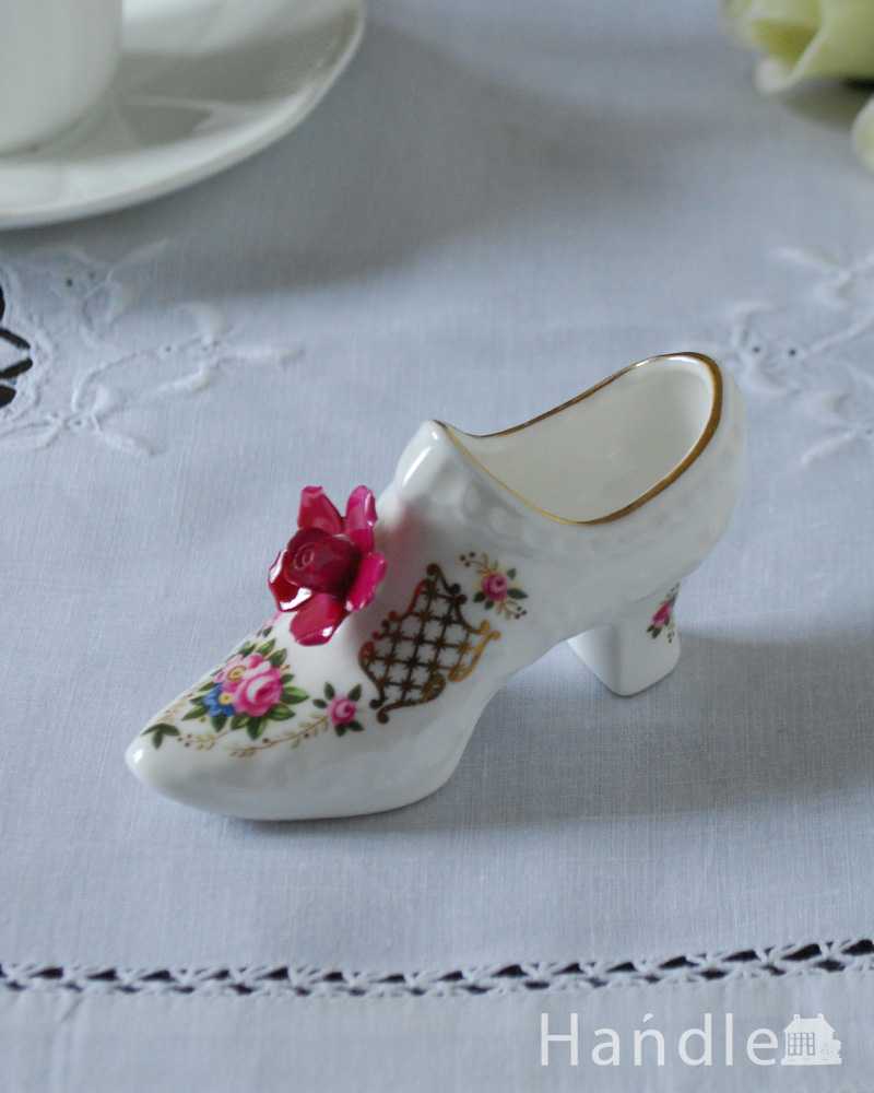 ピンクのバラが可愛い靴のアンティークオブジェ（Aynsley/エインズレイ） (k-3453-z)