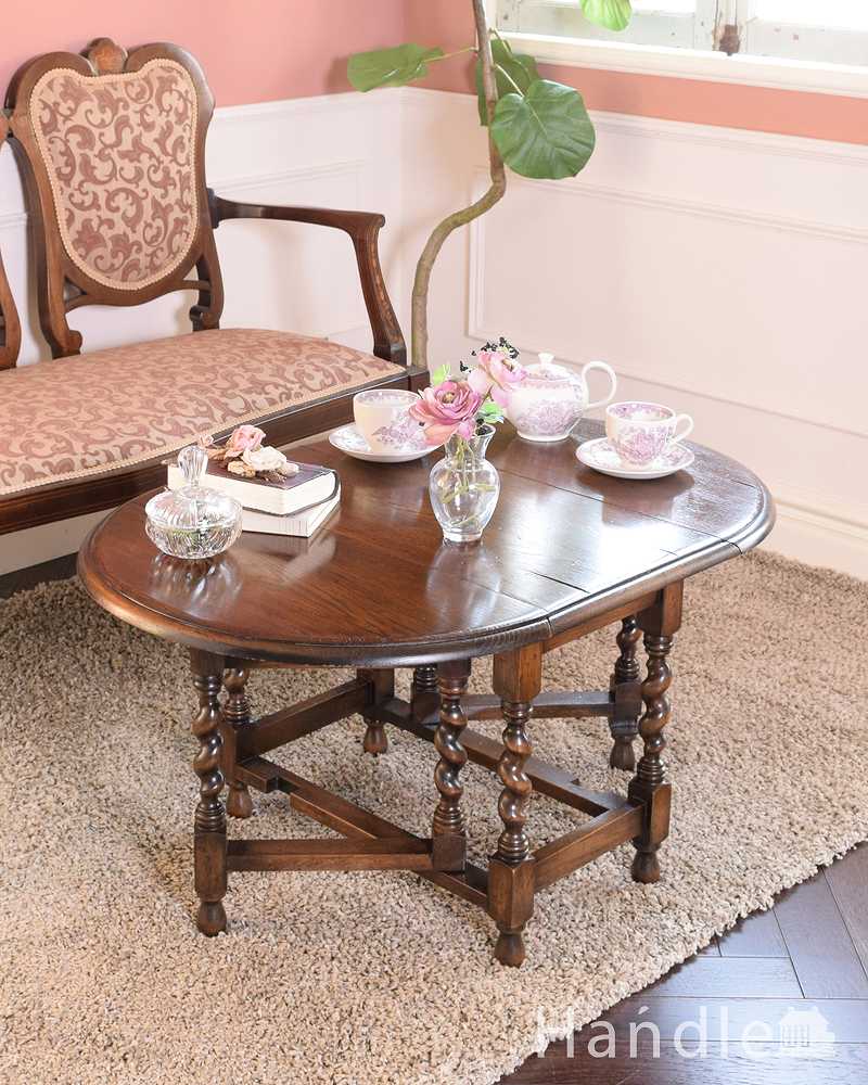 英国のアンティーク家具、珍しいコンパクトなサイズのゲートレッグテーブル（伸張式テーブル） (q-1763-f)