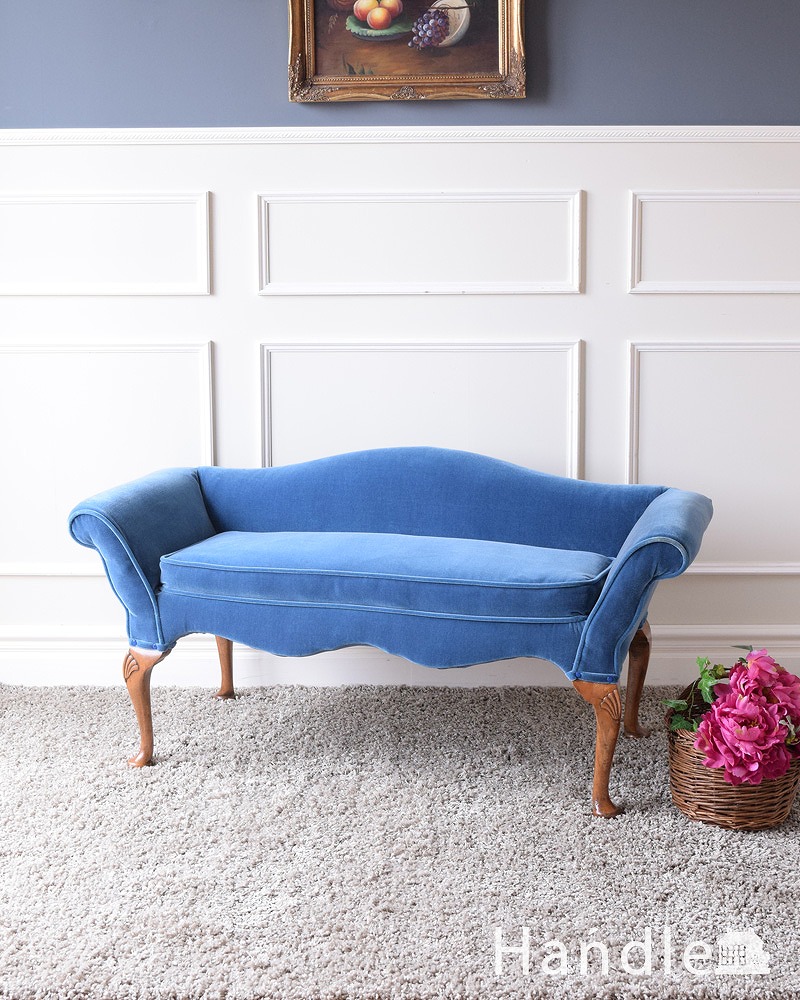 優雅なアンティーク英国家具、ブルーが美しい布張りのセティー（長椅子） (k-1578-c)