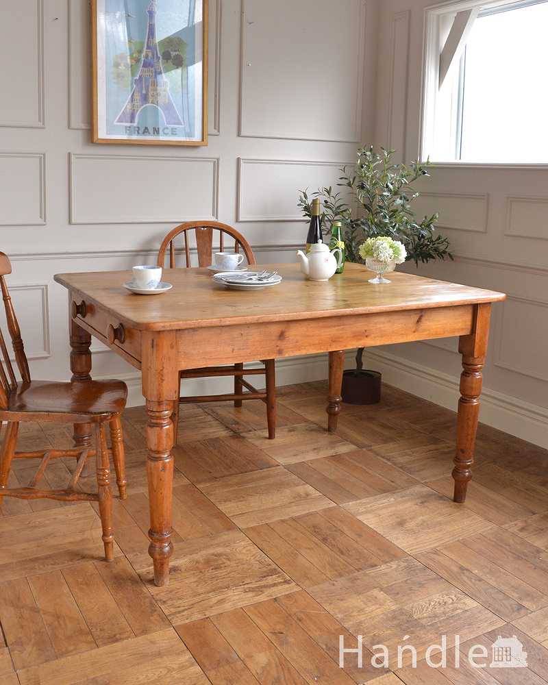 パイン材のアンティーク家具、引き出し付きダイニングテーブル(q-1781-f)｜アンティーク家具
