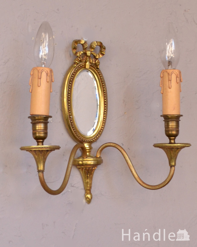 美しいフランスのウォールシャンデリア、リボンとミラー付きの真鍮製壁付け照明 （Ｅ17シャンデリア球付） (d-1294-z)