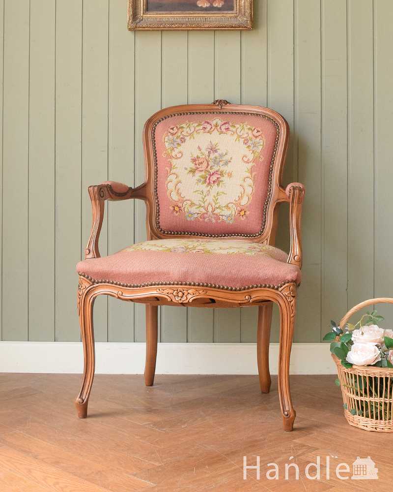 フランス生まれのサロンチェア、優しいピンクのアンティークプチポワンチェア(j-674-c)｜アンティークチェア・椅子