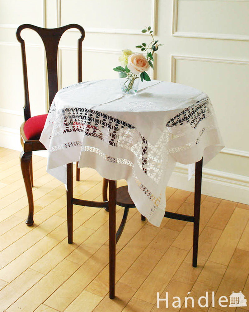 刺繍＆カットワークの素敵なフランスアンティークのテーブルクロス（モノグラム刺繍Ｒ） (m-3212-z)