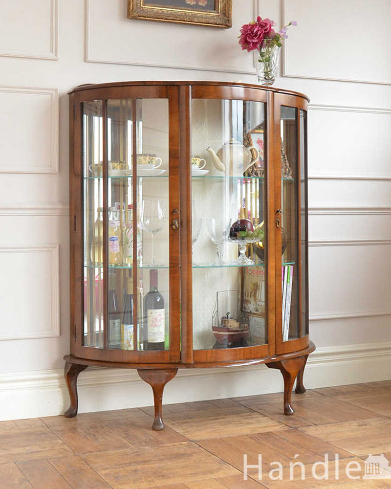 イギリスで買い付けたアンティーク家具、ミラーに模様が付いたガラスキャビネット  (q-1798-f)