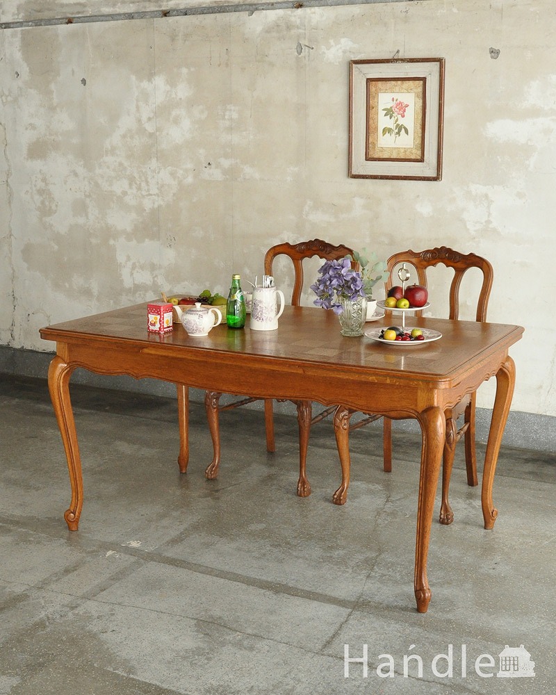 フランス輸入の美しいアンティーク家具、ドローリーフテーブル（伸張式ダイニングテーブル） (j-2532-f)