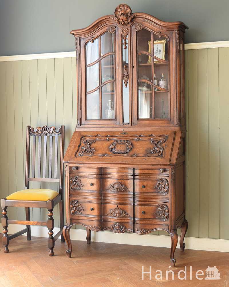 贅沢な彫りが美しいアンティーク南仏家具、オーク材のブックビューロー（本棚とデスク）  (j-2466-f)