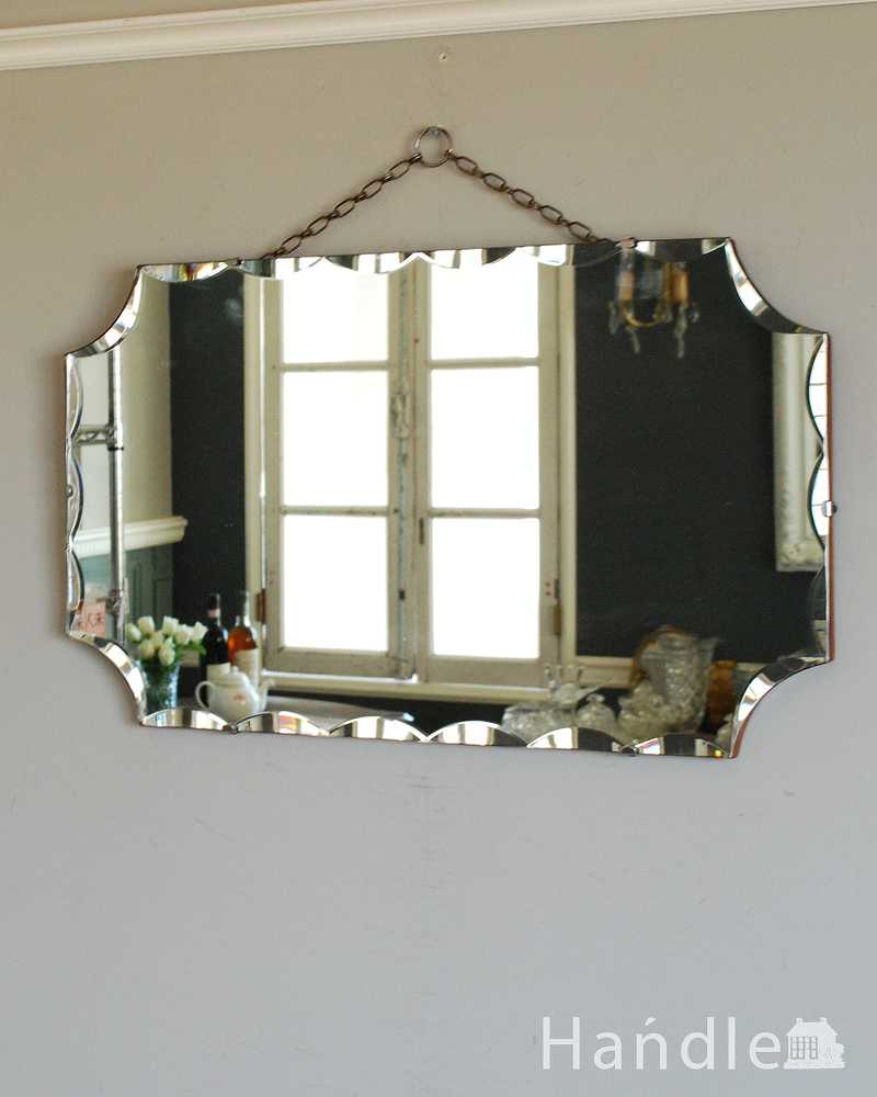 華やかなカッティングが美しい、横長のイギリスアンティークミラー（壁掛け鏡） (k-3597-z)