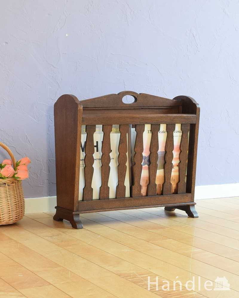 木製の小さなアンティーク家具、持ち手と仕切りが付いた便利なマガジンラック (j-2537-f)