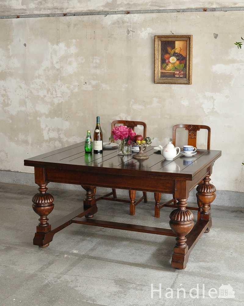 アンティーク英国家具、4本のバルボスレッグが美しいドローリーフテーブル（伸張式テーブル）  (q-1896-f)