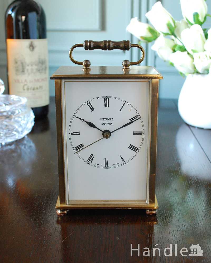 イギリスから届いたオシャレなメタメック社のアンティーク持ち手付き置き時計 (k-3727-z)