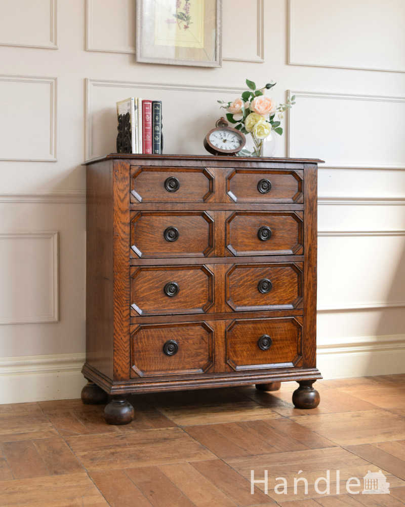英国スタイルのかっこいいアンティーク家具、バンフットのオーク材の４段チェスト  (q-1908-f)