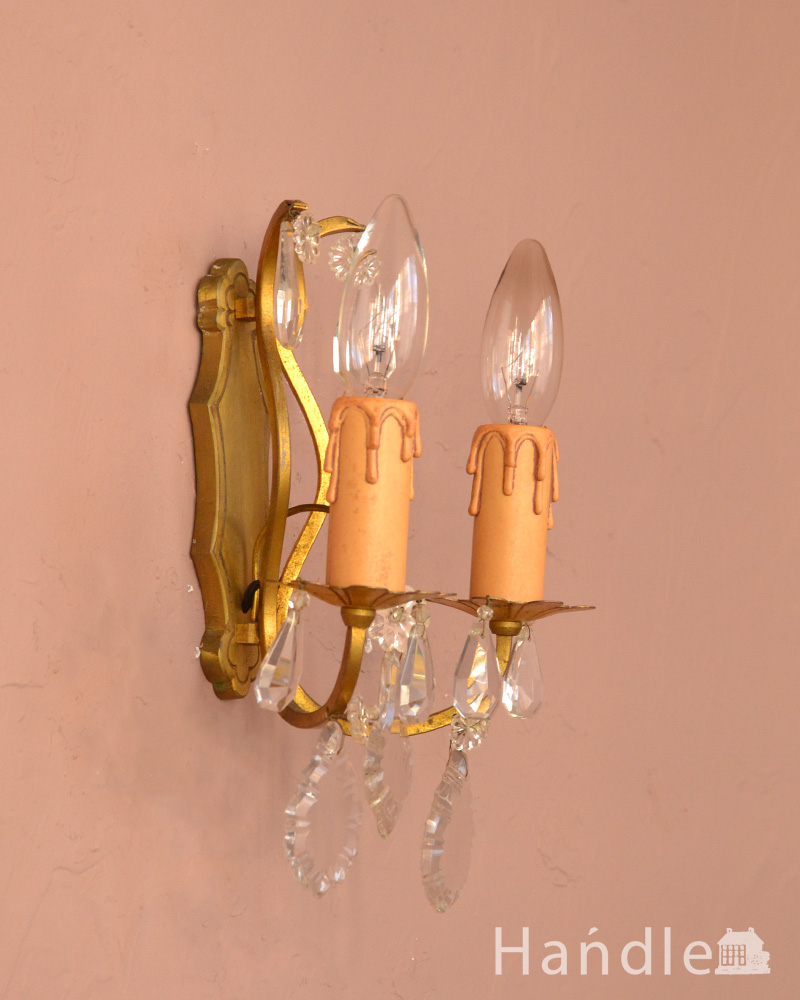 フランスのアンティーク照明、ガラスドロップの真鍮ウォールシャンデリア（Ｅ17シャンデリア球付） (d-1292-z)