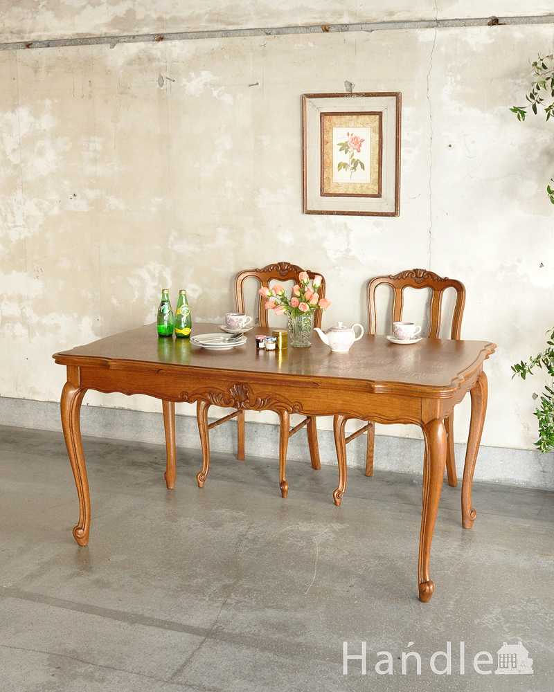 フランス輸入のアンティーク家具、天板が美しいドローリーフテーブル（伸張式ダイニングテーブル） (j-2579-f)