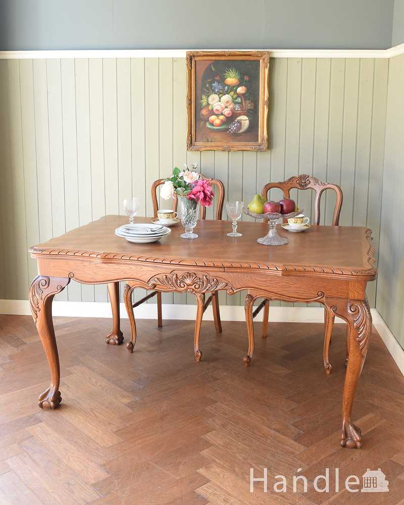 フランス輸入の美しいアンティーク家具、ドローリーフテーブル（伸張式ダイニングテーブル） (j-2544-f)