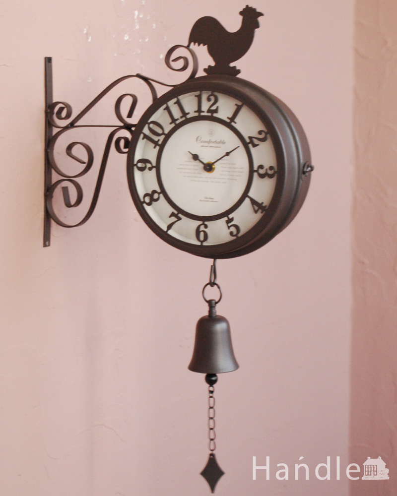 アンティーク風の時計、にわとりとベルが付いた壁かけ両面時計 (n8-077)