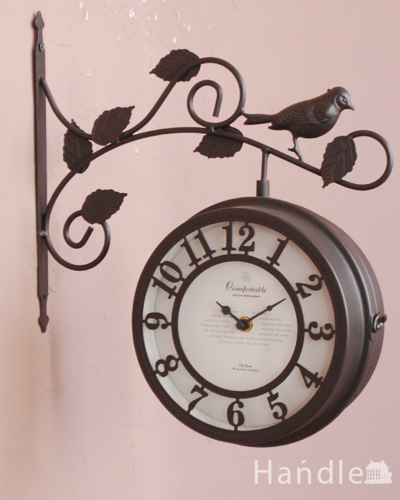 アンティーク風の可愛い鳥のモチーフが付いた壁掛け両面時計 (n8-078)