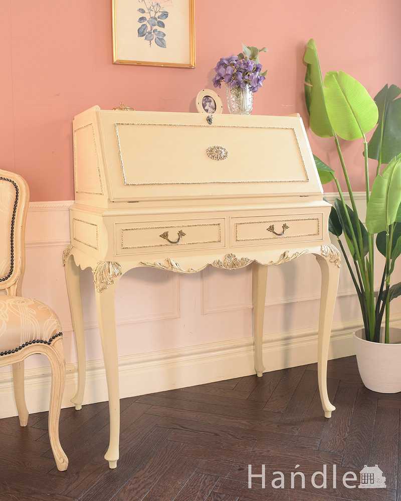 フランスのアンティーク家具、猫脚の優美なホワイトペイントのビューロー (k-2674-f)