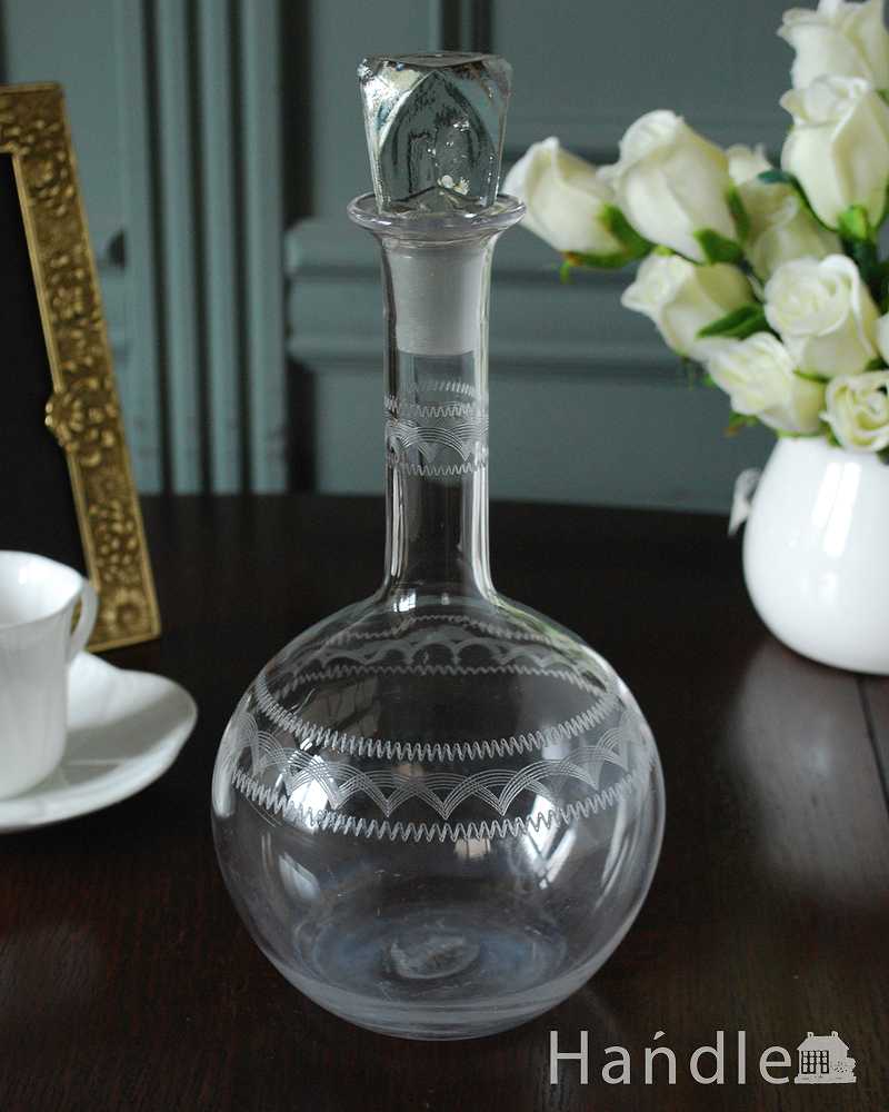 イギリスのアンティークガラス雑貨、宝石のようなフタが付いた美しいデカンタ (pg-6245)