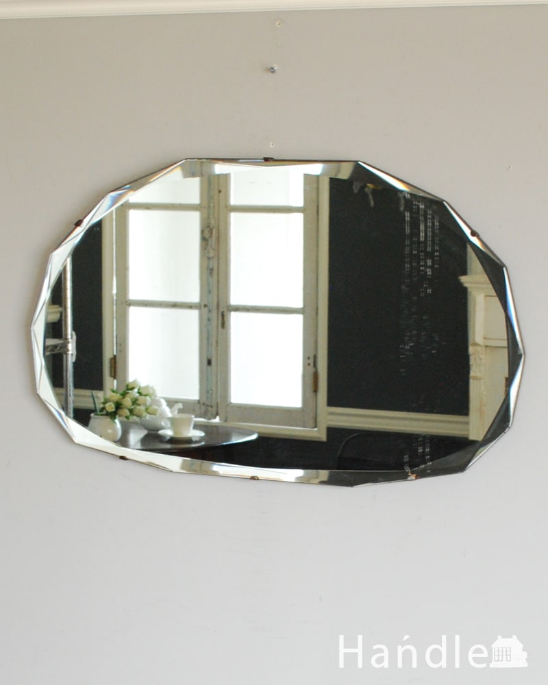 イギリスで見つけたアンティークのミラー、縁取りのカッティングキレイな鏡 (k-4227-z)