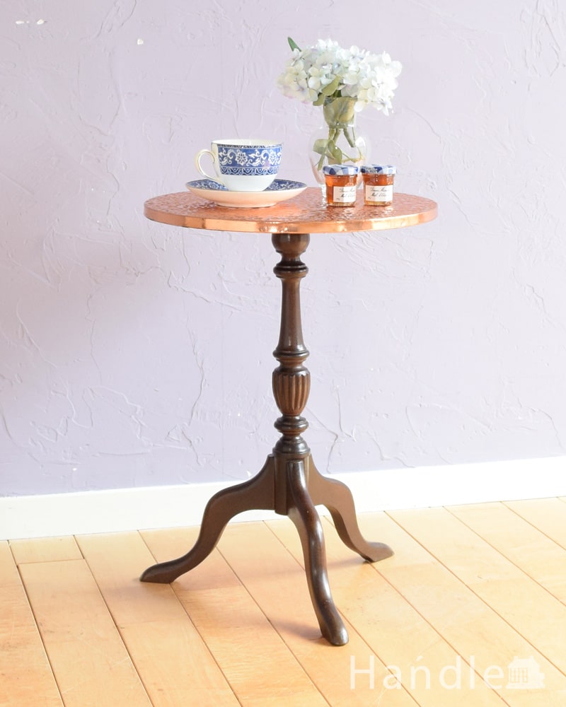アンティークのローテーブル、めずらしい銅版天板のティーテーブル（ワインテーブル） (k-2859-f)